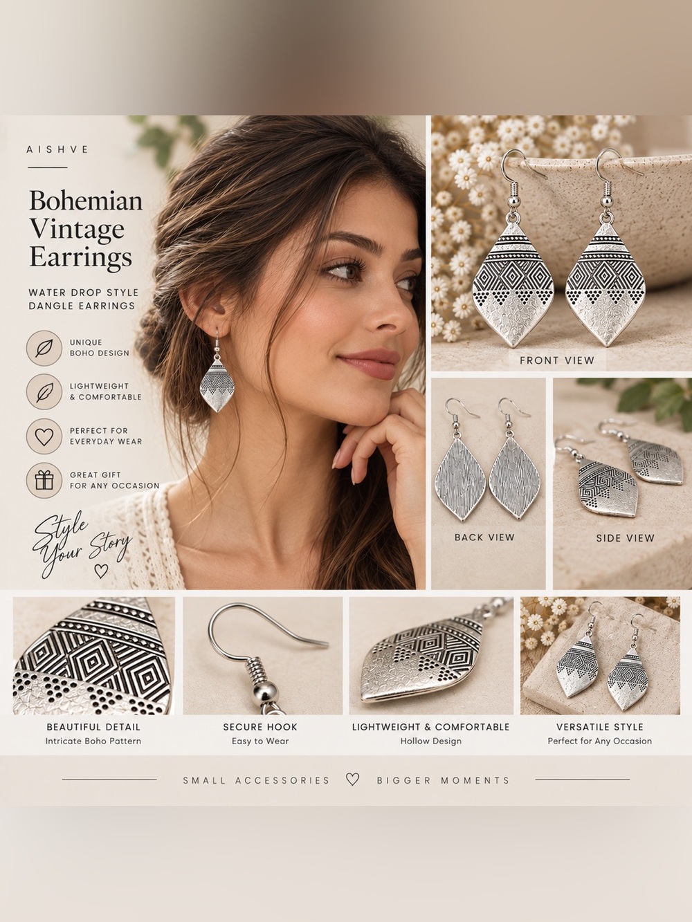 🆕 Bohemian vintage water drop style Hollow Drop Dangle Earrings